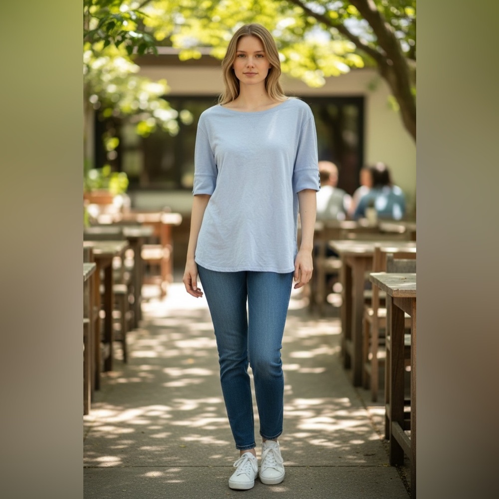 Jane and Delancey Soft Blue Short Sleeve Top with Button Embellishments Size M
